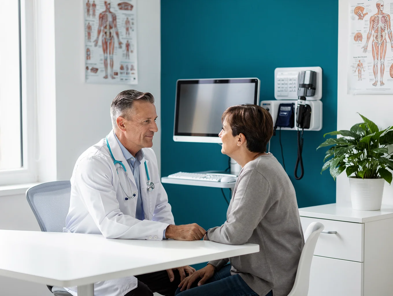 Doctor and patient reviewing clinical diagnosis in a modern surgical consultation room