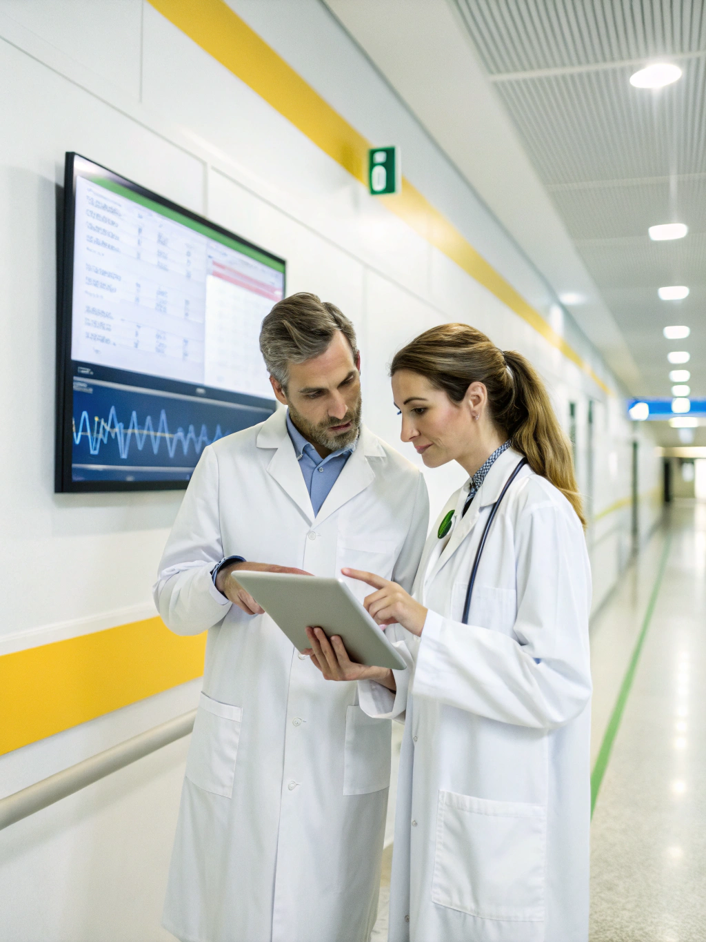 Surgeon and colleague reviewing surgical case notes and scans in hospital