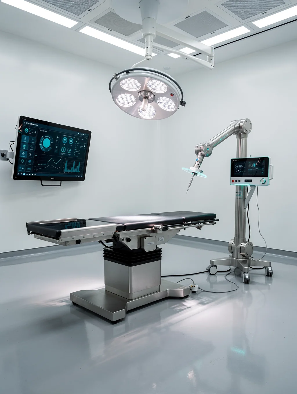 Surgeon seated at robotic surgical master console during abdominal wall reconstruction
