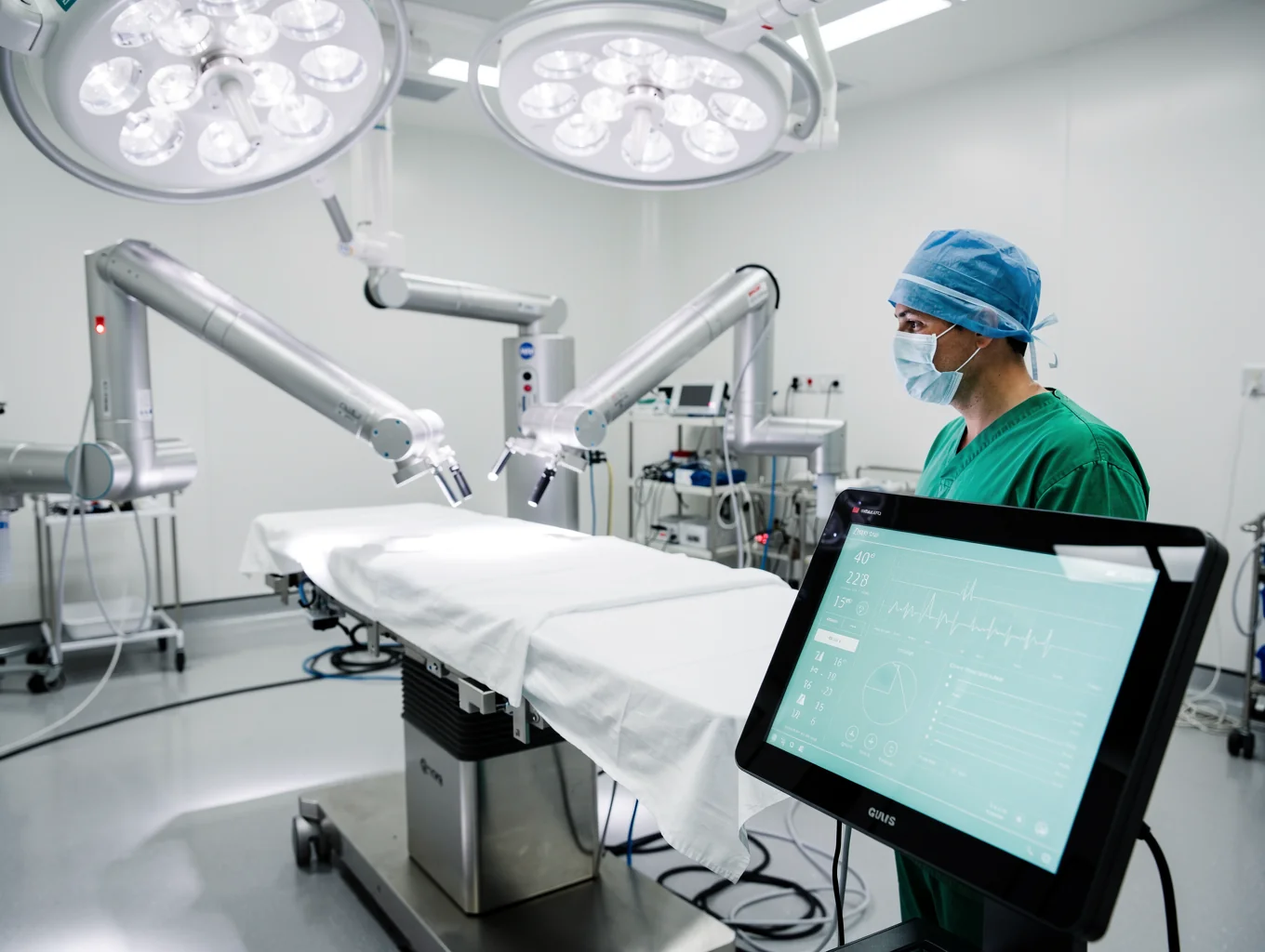 Dr. Nitin Rimmalapudi operating at the surgical robotic console in Rajahmundry
